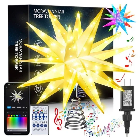 Monrovian Star Tree Topper Star Music Synch Change Colors App Controlled Timer - Picture 2 of 7